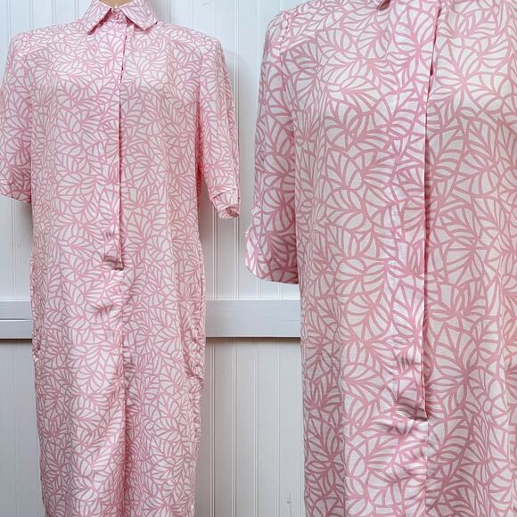 Vintage Coquette Leaf Print Long Sleeve Button Shirt Dress Balletcore Women's 8 - Picture 1 of 12